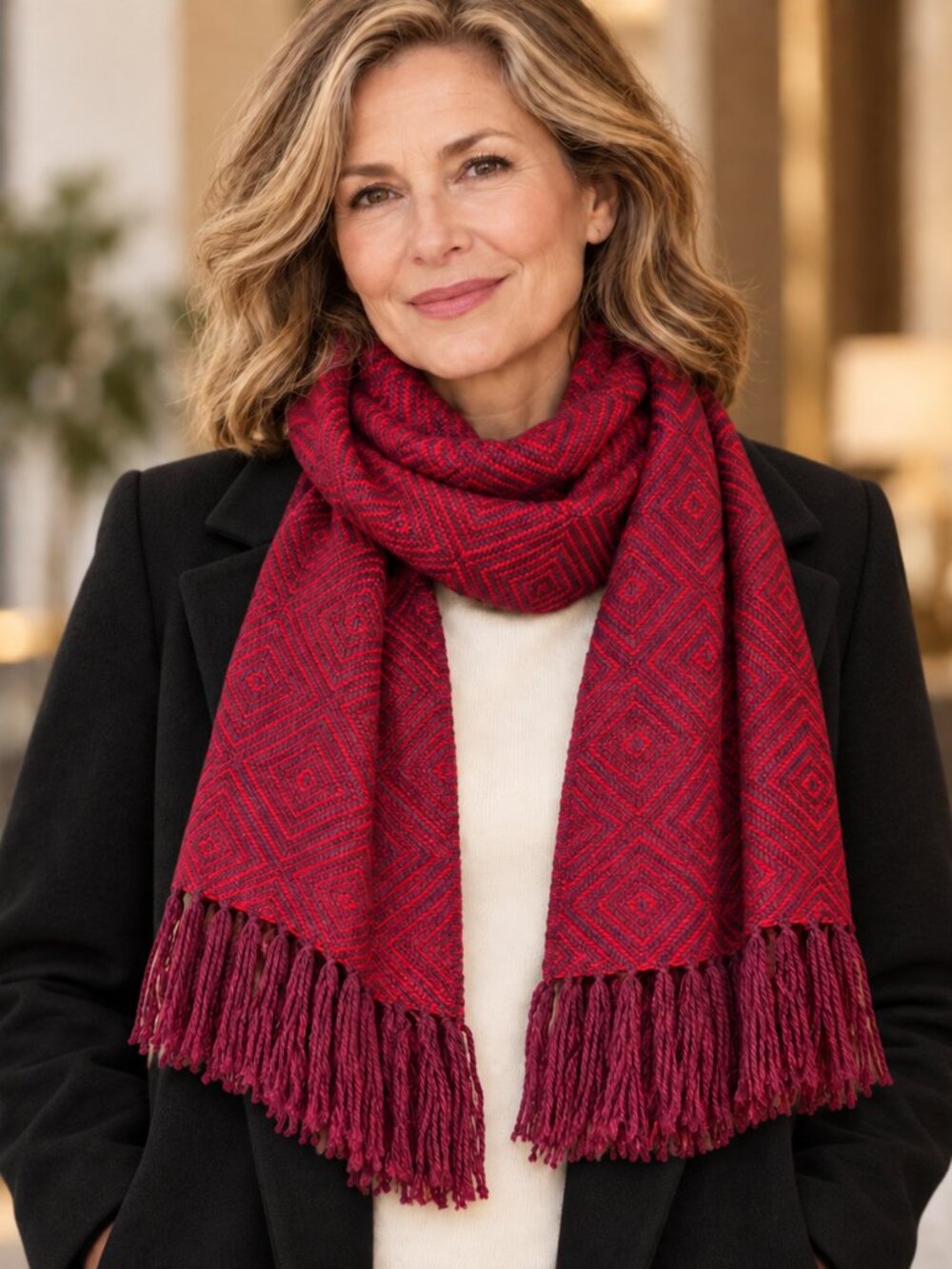 Beautiful Handmade Burgundy & Red Geometric Woven Scarf with Fringe